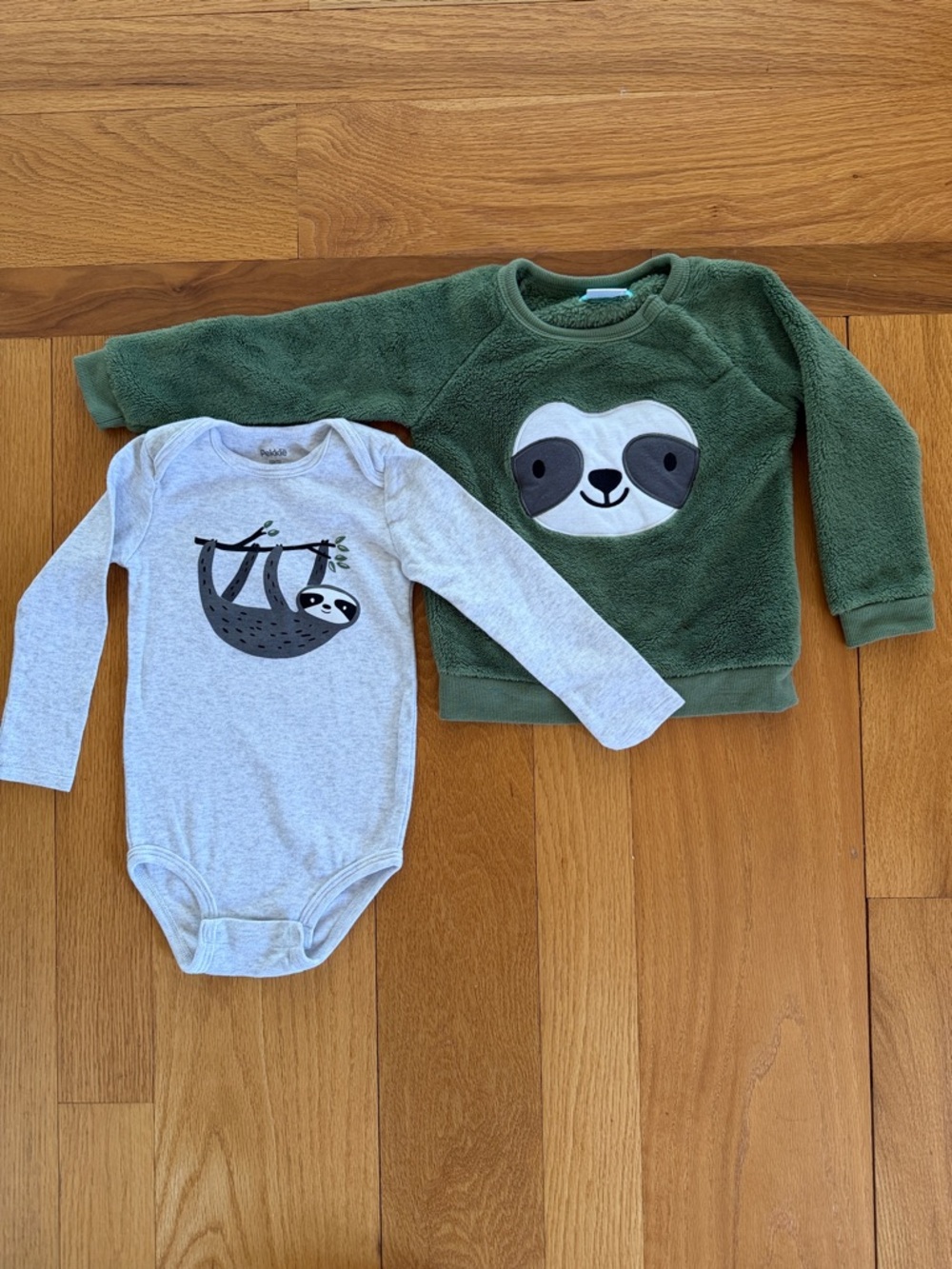 Pekkle Green Sloth Fleece Pullover + Gray Sloth Long-Sleeve Bodysuit NWOT